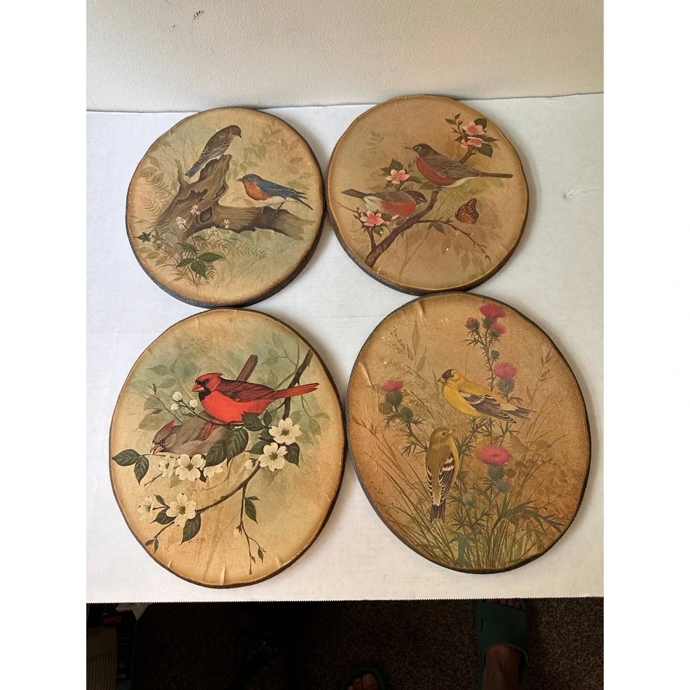 Vintage Set of 4 Bird Wall Plaques Oval Wood Decoupage Cardinal Robin Bluebird